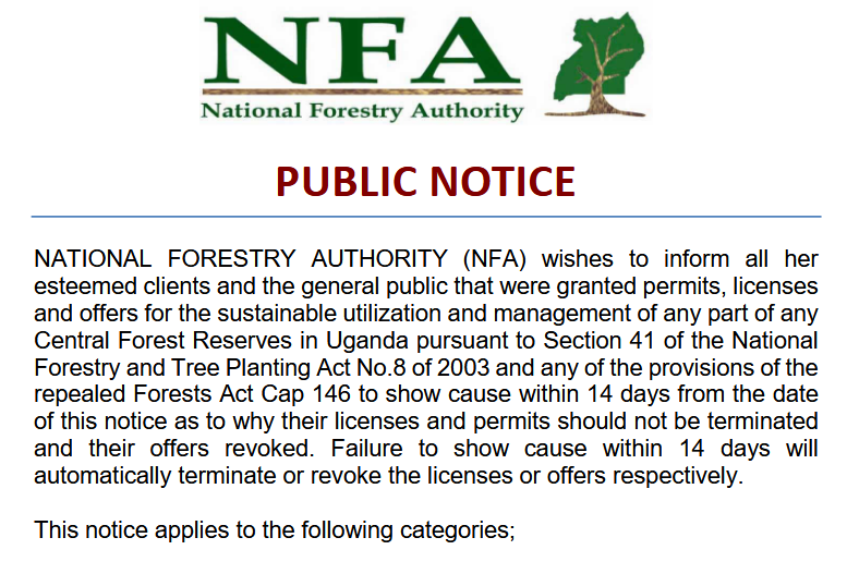 PUBLIC NOTICE FROM NATIONAL FORESTRY AUTHORITY (NFA)